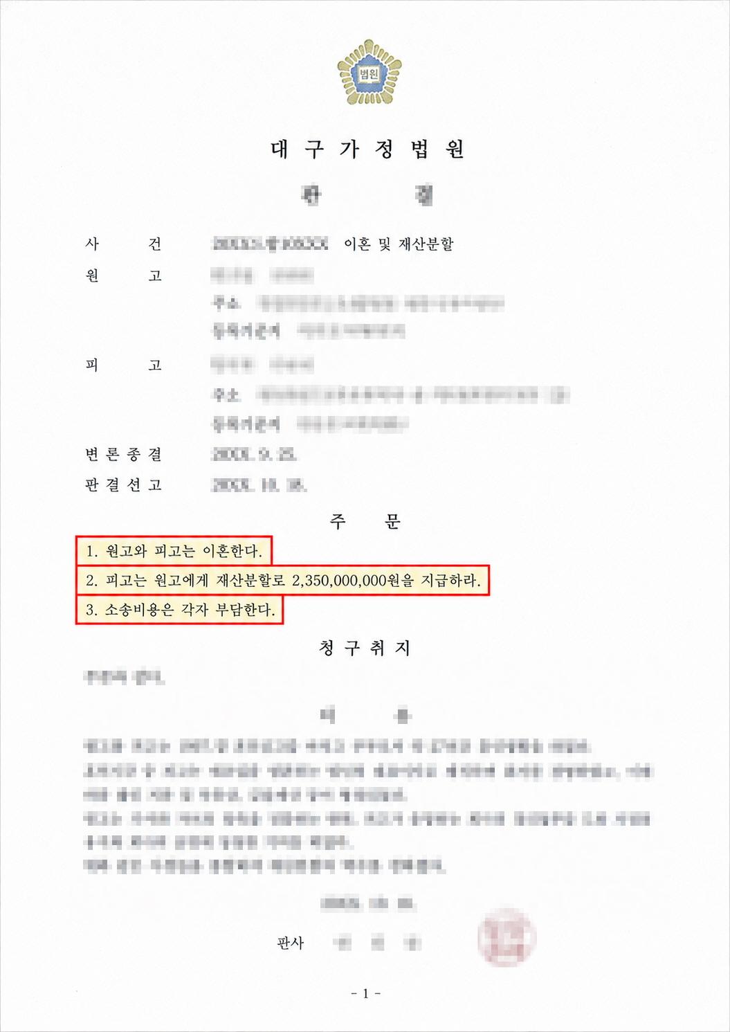 부동산 법인 지분의 고액 재산분할 개인정보를 가린 판결문과 심판문