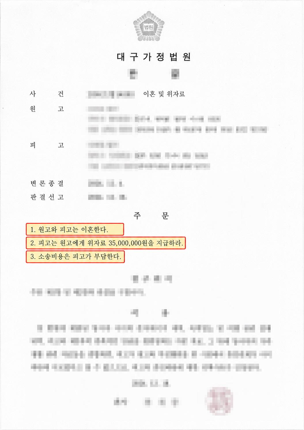 외도와 혼인파탄 책임 개인정보를 가린 판결문과 심판문